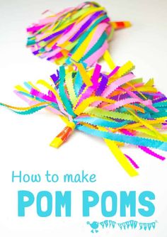 how to make pom poms with colored streamers on white background and text overlay