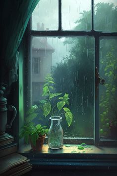 a potted plant sitting on top of a window sill in front of a rainy window