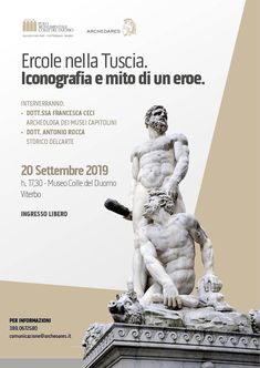 a poster with a statue on top of it that says, errole nela tusciaa incongrafia e mio di uni un uno un ore