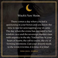 a woman walking down a dirt road with a quote from the poem witch's new moon