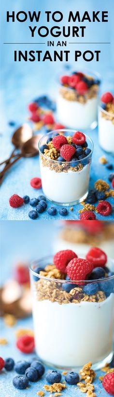 two bowls filled with granola and raspberries on top of blue table cloth