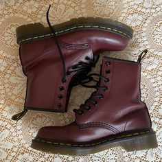 Reposhing This Item I Purchased From @Snacks333. I Thought I Was A 36 In Docs But Turns Out I Need A 37. These Boots Were Never Worn By Me- Just Tried On Once. Previous Owner Only Wore Them Once! Basically Brand New! Beautiful Deep Red Color. Dr Martens Boots Red, Dark Red Doc Martens, Cool Doc Martens, Casual Burgundy High-top Boots, Fitted Burgundy Casual Boots, Cute Doc Martens, Gryffindor Shoes, Red Shoes Aesthetic, Cherry Red Docs