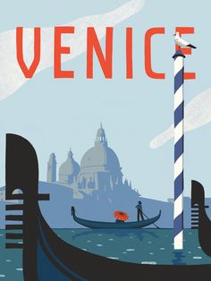 there is a poster that says venice on the water and a boat with people in it