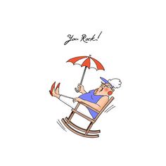 an old man sitting in a rocking chair with an umbrella and the words you rock written above him