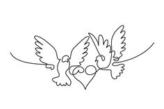 two birds with hearts in their beaks continuous line drawing on white background, hand drawn illustration