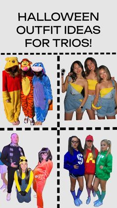 four different pictures with the words halloween outfit ideas for trios