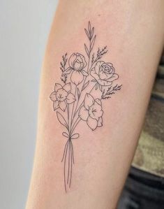 Best 29  fine line flower bouquet tattoo you must try this year Tattoo Bouquet, Birth Flower Bouquet Tattoo, Birth Flower Bouquet, Poppies Tattoo, Red Tattoos, Flower Boutique