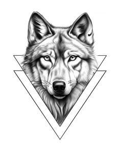 a drawing of a wolf's face with an inverted triangle