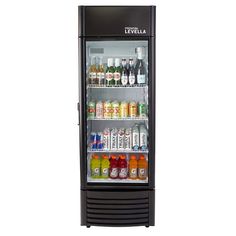 an image of a beverage cooler with drinks in the door and beverages in the shelves