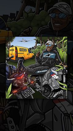 a man riding on the back of a motorcycle next to a school bus and trees