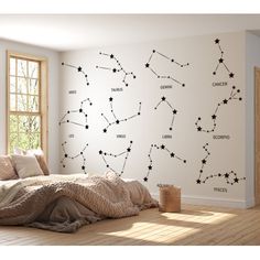 a bedroom with a large wall decal that has stars in the sky on it