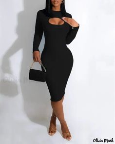 Olivia Mark - Vestido ajustado de manga larga y corte acanalado Lingerie Design, Midi Dress Fall, Casual Wear Dress, Pencil Skirt Dress, Ribbed Knit Dress, Midi Dress Party, Hip Dress, Women Long Dresses, Long Sleeve Bodycon