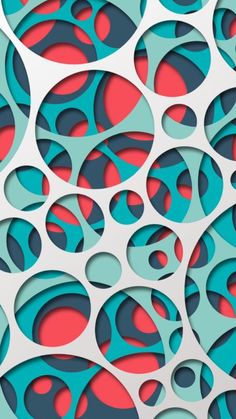 an abstract background with blue and red circles on white paper, which are cut into smaller shapes