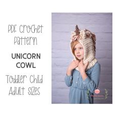 UNICORN COWL - Crochet Pattern PDF 3 Sizes - Toddler, Child, and Adult Beginner Level US Standard Terms Please contact me for any pattern assistance. This pattern is for personal use only, you may not sell or distribute the pattern in any way.  You may sell cowls made from this pattern, but if sold online, you must give pattern credit to The Knitty Bitty Committee.  Please do NOT use my photos to sell your cowls.  All rights reserved. Crochet Unicorn Hat Step Step, Crochet Hats Unicorn, Crochet Baby Unicorn Hat Free Pattern, Unicorn Hooded Scarf Crochet, Free Crochet Unicorn Hat And Scarf Pattern Kids, Unicorn Crochet Hat Pattern Free, Crochet Unicorn Hat Pattern, Unicorn Hat Pattern, Crocheted Unicorn