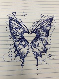 a drawing of a heart shaped butterfly on lined paper