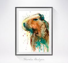 a watercolor painting of a capybara in front of a white wall with a frame