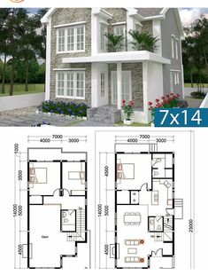 two story house plan with floor plans and measurements for each room in the house, it is