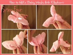 step by step instructions for how to fold a baby wash cloth elephant into a bow