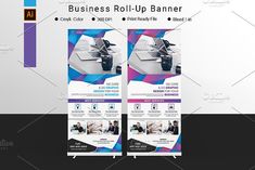 two roll up banners are shown in front of a black and white background with the same color