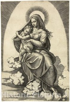 the virgin mary and child jesus with clouds in front of her, from an engraving