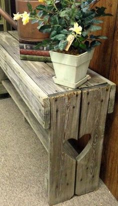 a potted plant sitting on top of a wooden bench next to a bookshelf