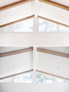 two pictures of the inside of a house with wood beams and white paint on the walls