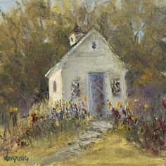 a painting of a white house surrounded by wildflowers and other flowers on a sunny day