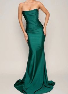 Silhouette: Trumpet/Mermaid  Length: Sweep Train  Fabric: Jersey  Neckline: Strapless  Straps: Strapless  Sleeve: Sleeveless  Back Style: Zipper Up  Trend Collections: Simple  Built-In Bra: Yes  Boning: Yes  Size: Plus/General  Fully Lined: Yes Emerald Prom Dress, Bow Gown, Emerald Green Prom Dress, Green Formal Dresses, Emerald Dresses, Sequin Evening Gowns, Strapless Prom Dresses, Emerald Green Dresses, Corset Dress Prom