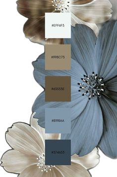 the color scheme is blue, brown and white with some flowers on top of it