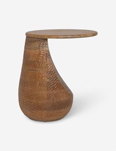 a wooden table with a curved top on a white background in the shape of a vase