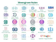 the monogramm styles are all in different colors and font options for each letter