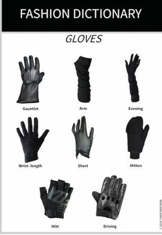 Clothing Names, Types Of Gloves, Fashion Terminology, Fashion Infographic, Clothing Guide, Fashion Dictionary, Gloves Fashion, Fashion Terms, Fashion Vocabulary