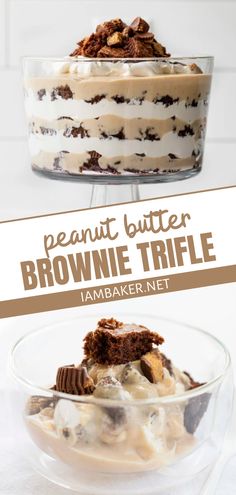 peanut butter brownie trifle in a glass bowl on a white table with text overlay