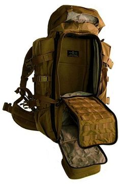 the back pack is packed and ready to be carried by someone in an army uniform