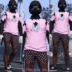 three different views of a man in pink shirt and shorts with black mask on his face