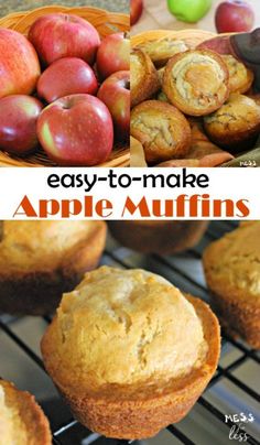 apple muffins on a cooling rack with apples in the background and text overlay reading easy - to - make apple muffins