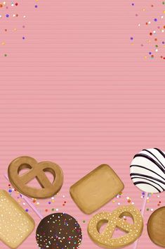 a pink background with donuts, pretzels and cookies