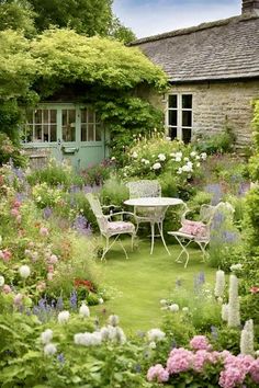 the garden is full of flowers and chairs