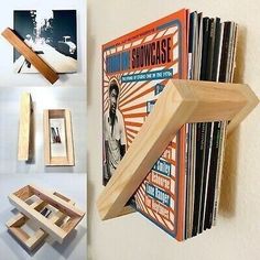 a wooden shelf that has some records on it