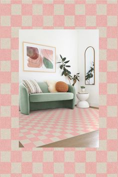 a living room with pink and white checkered carpet, green couch, potted plant and mirror on the wall