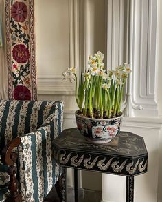 a potted plant sitting on top of a table next to a chair