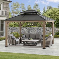 SUNJOY 10x12 Wood Gazebo with 2-tier Metal Roof and Ceiling Hook. Wood Gazebo, Outdoor Structure, Steel Roof, Wooden Gazebo, Hardtop Gazebo, Wood Frame Construction, Patio Gazebo, Wood Post, Wood Patio