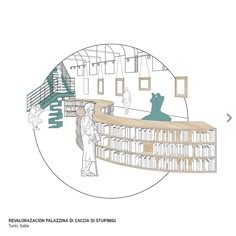 a drawing of a person standing in front of a bookshelf filled with books