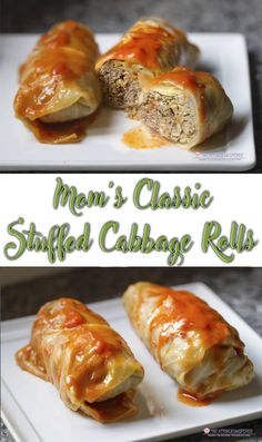 an image of mom's classic stuffed cabbage rolls on a white plate with text overlay