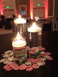 two candles sitting on top of a table