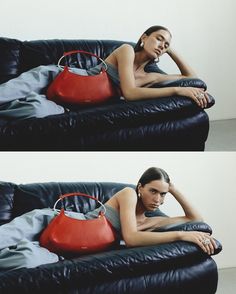 a woman sitting on a black couch with a red handbag in her lap, and another photo of herself laying down