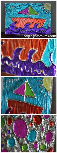 three pictures of different colored paper and metal foil with the words, art project for kids