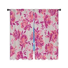 two pink flowers are hanging on the curtain in front of a white background with blue trim