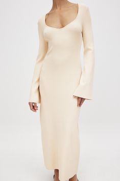 Fine Knitted Trumpet Sleeve Midi Dress Offwhite Elegant Ribbed Beige Sweater Dress, Elegant Beige Ribbed Sweater Dress, Elegant Beige Midi Sweater Dress, Beige Bell Sleeve Dress, Beige Stretch Midi Dress, Elegant Midi-length Cream Sweater Dress, Elegant Cream Midi Sweater Dress, Cream Ribbed Midi Sweater Dress, Beige Bodycon Midi Sweater Dress