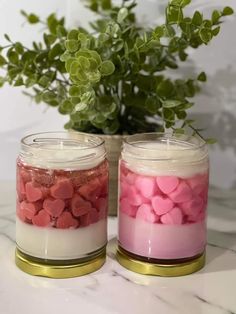 two mason jars filled with pink and white marshmallows next to a potted plant